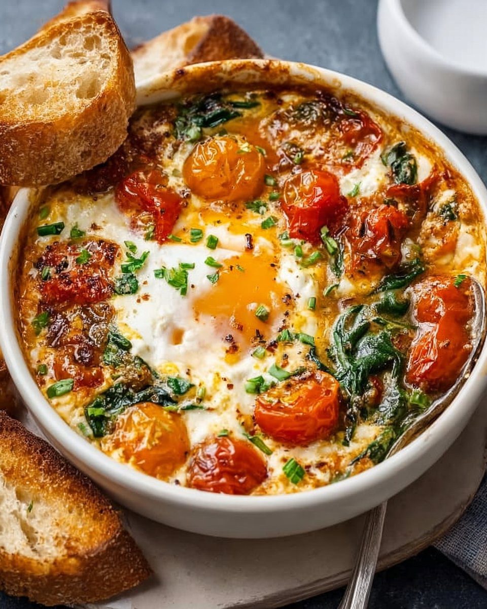 Baked Feta Eggs with Tomatoes and Spinach