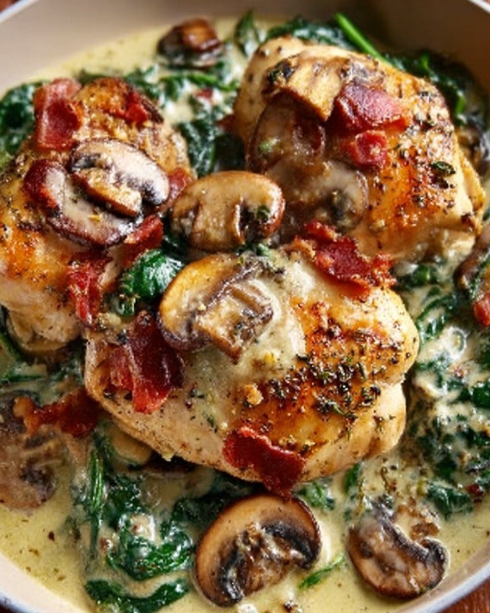 Smothered Chicken with Creamed Spinach, Bacon & Mushrooms