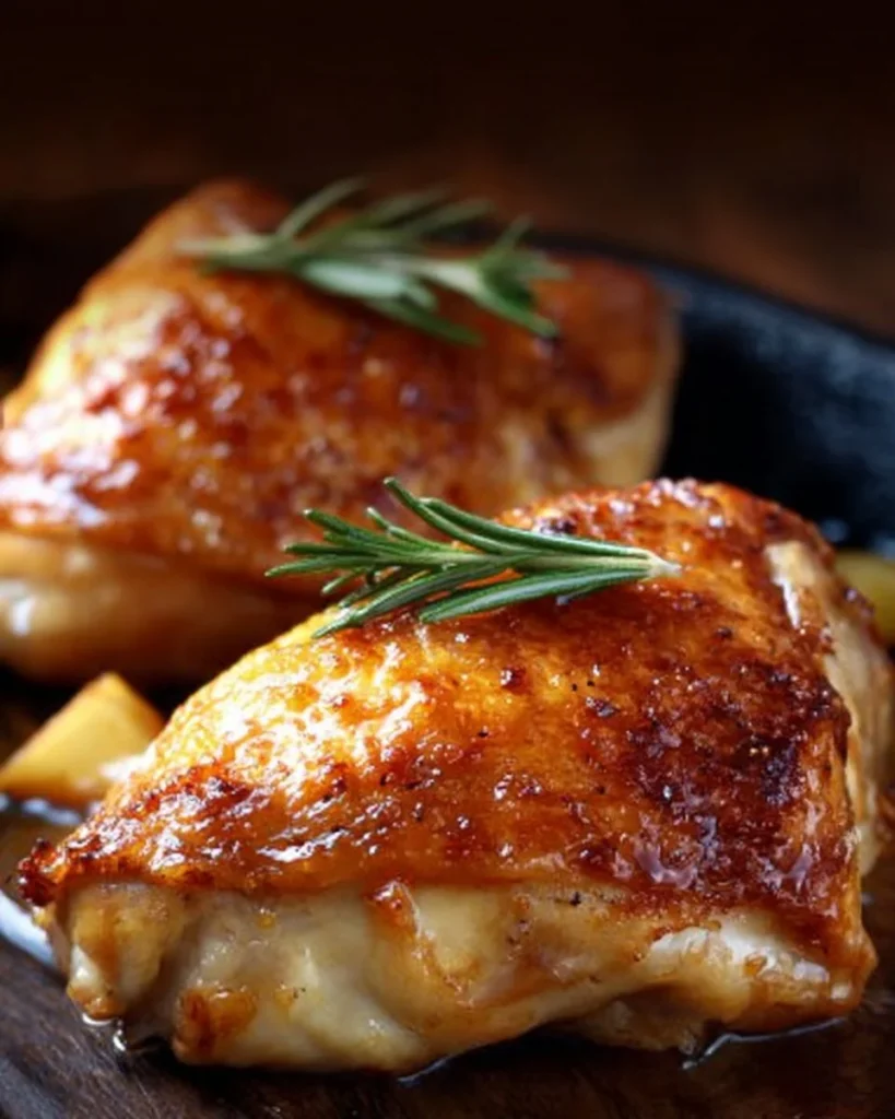 Apple and brie stuffed chicken breast with maple Dijon glaze on a plate.