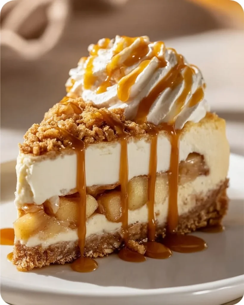 Delicious Apple Cheesecake Crumble topped with fresh apples and a crunchy crumble