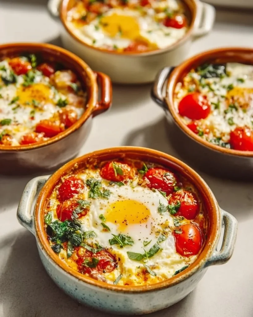 Delicious baked feta eggs with tomatoes and spinach in a vibrant dish.