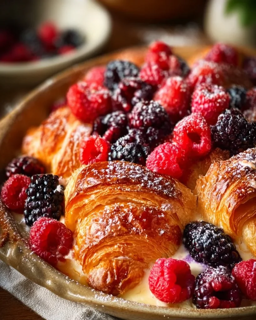 Freshly baked berry croissant with assorted berries on a plate