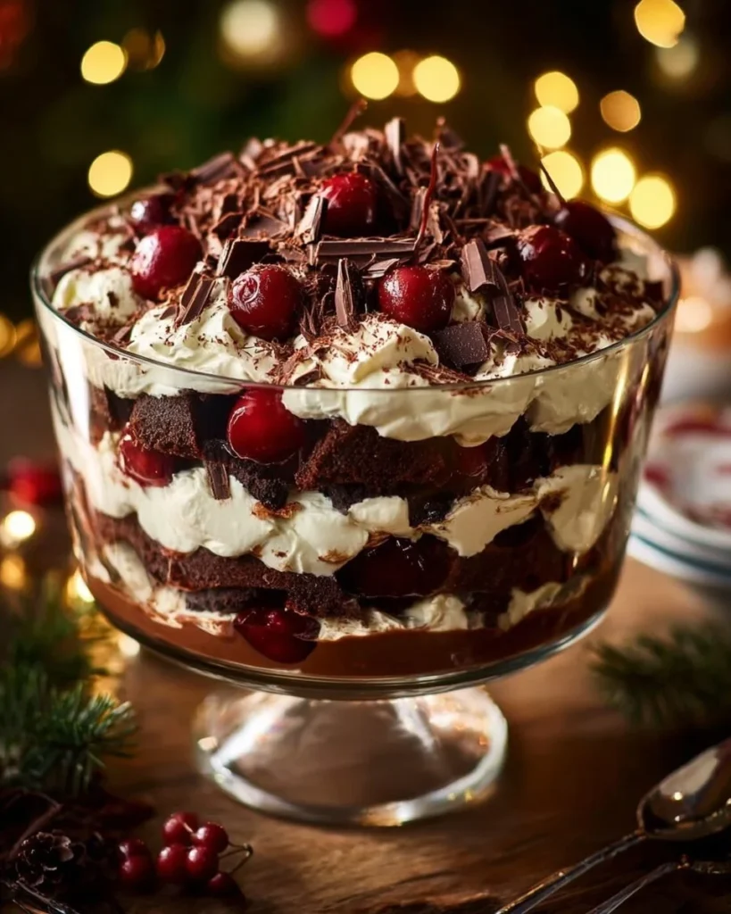 Delicious Black Forest Trifle dessert with chocolate, cherries, and whipped cream