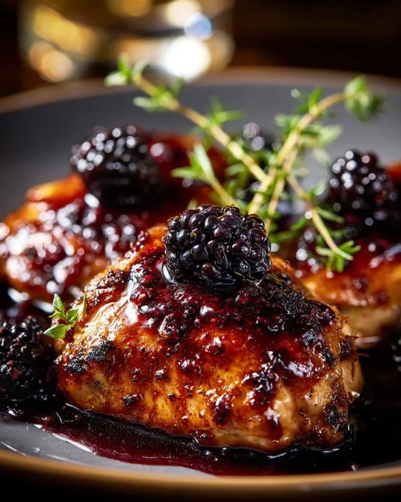 Delicious Bourbon Blackberry Chicken served with a side of vegetables.