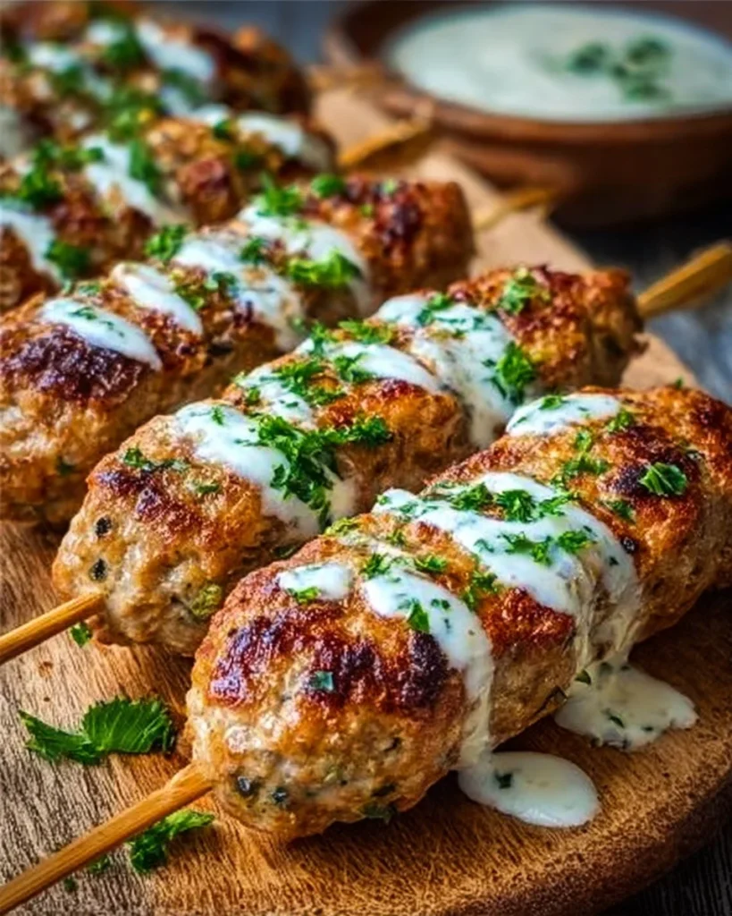 Plate of Chicken Kofta served with creamy garlic yogurt sauce.