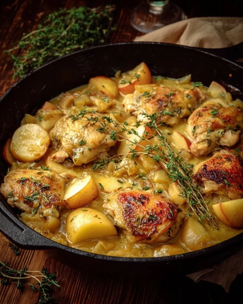 Delicious Chicken Normandy served with creamy apple cider sauce and fresh herbs