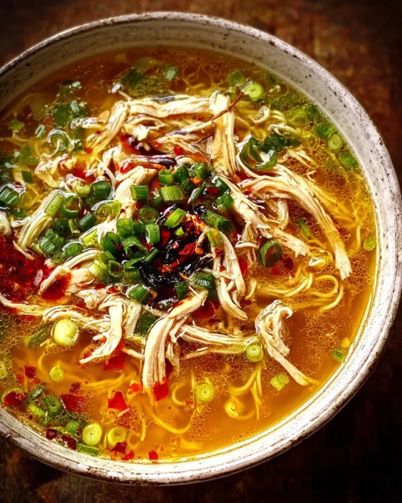 Bowl of classic Ginger Garlic Chicken Soup with noodles and herbs