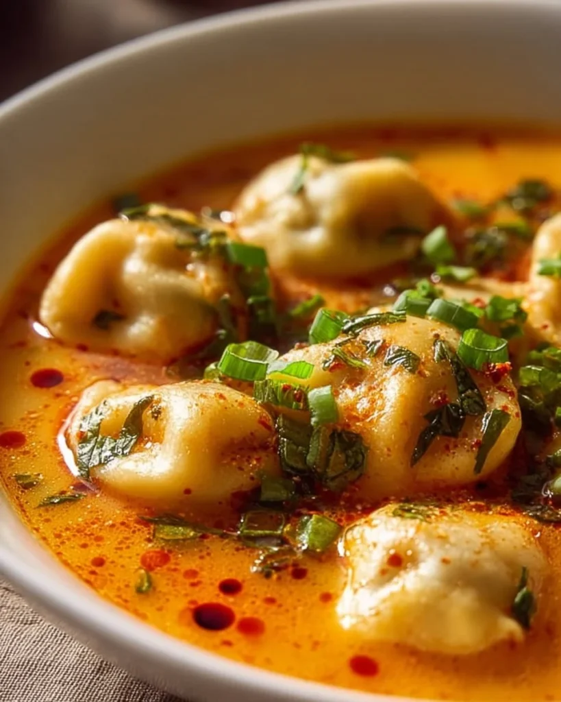 Bowl of coconut curry soup with dumplings, garnished with fresh herbs