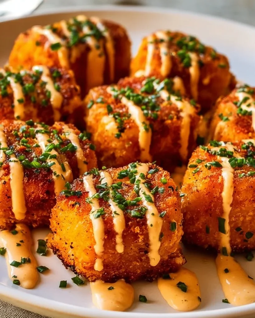 Plate of crispy Bang Bang Salmon Bites garnished with herbs