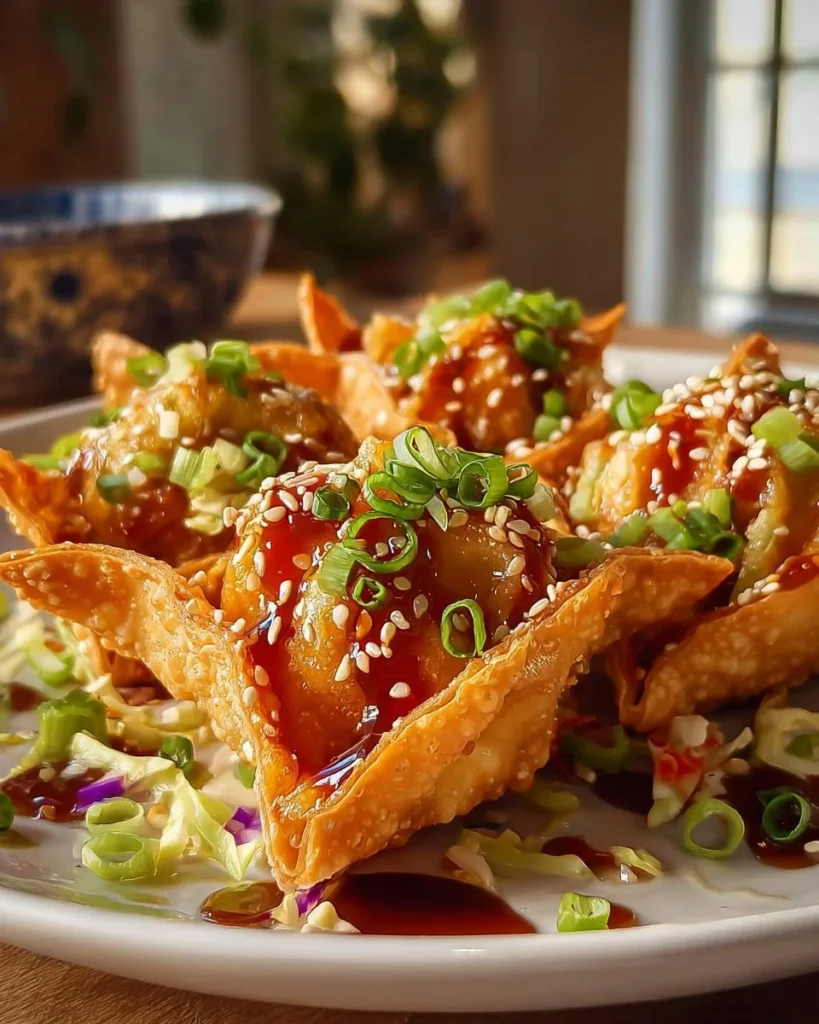 Plate of crispy chicken wonton tacos served with toppings and dipping sauce