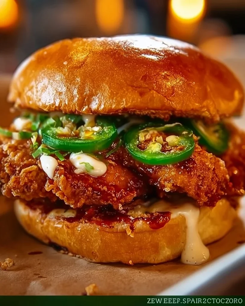Crispy fried chicken sandwich drizzled with jalapeno honey glaze