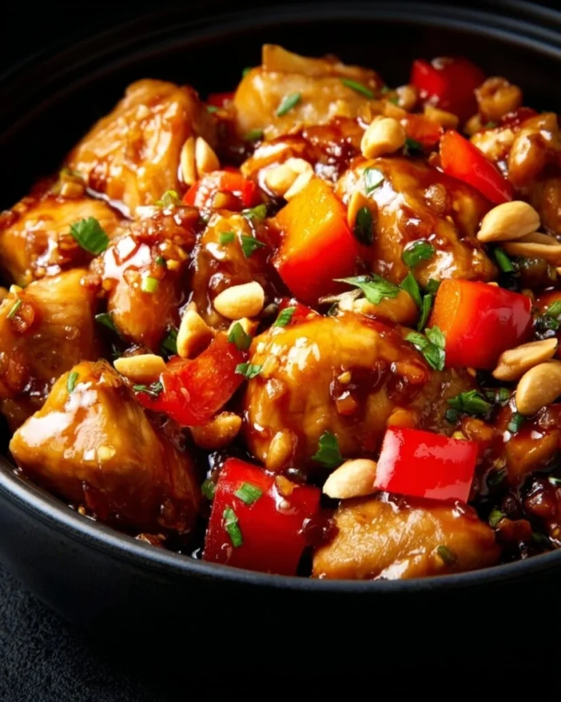 Crockpot Kung Pao Chicken served in a bowl with peanuts and vegetables