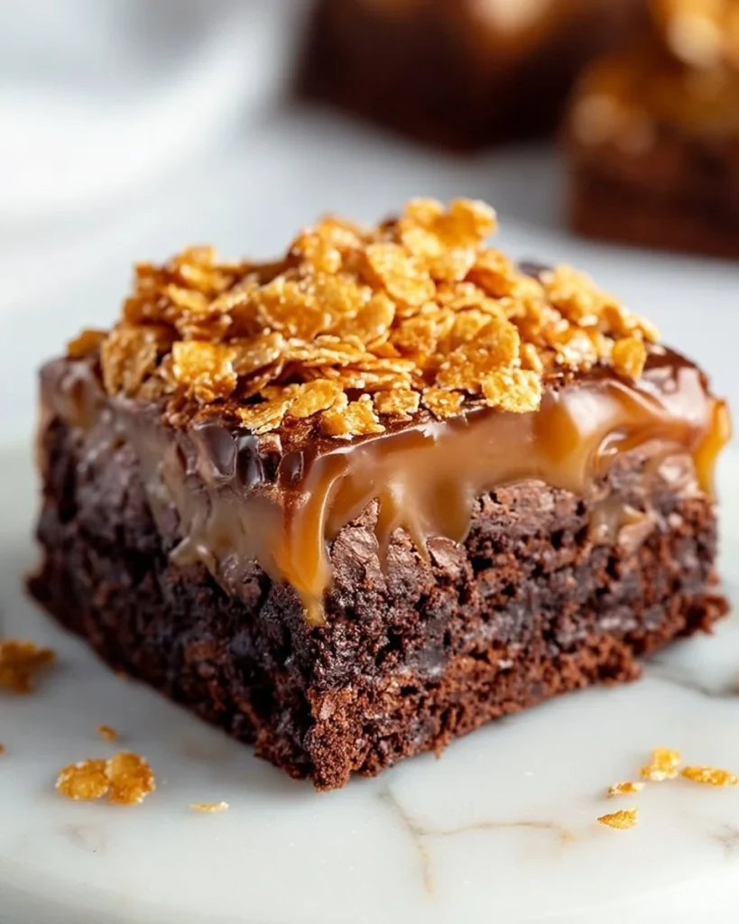 Decadent Caramel Cornflake Brownies topped with drizzle and cornflakes