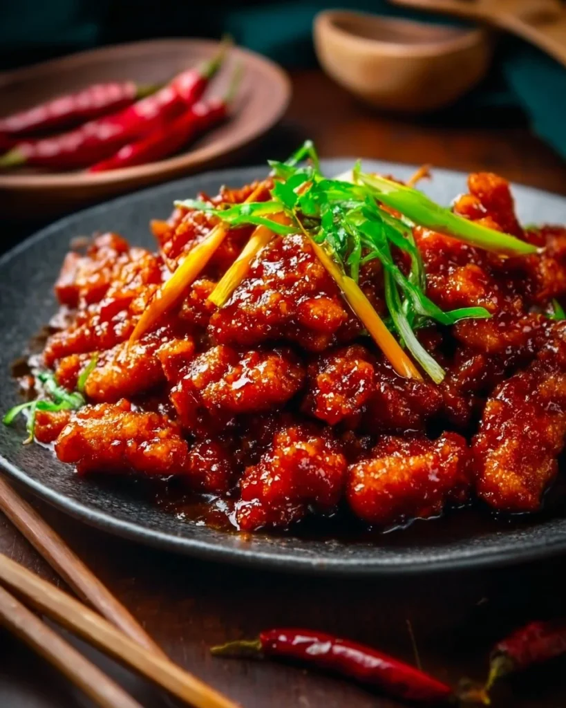 Plate of Dragon Chicken showcasing vibrant spices and tender chicken pieces