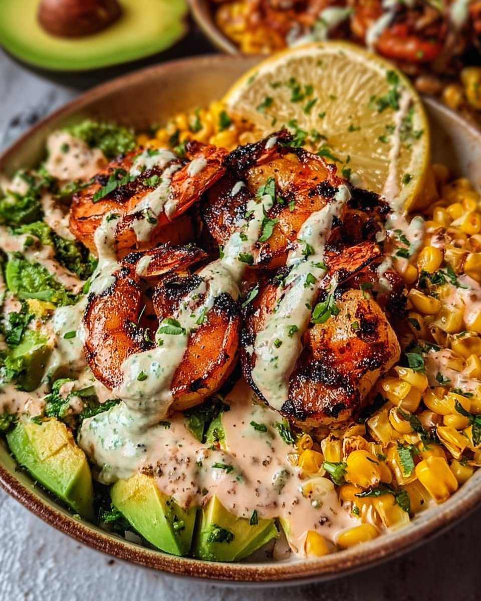 Grilled Shrimp Bowl with Avocado, Corn Salsa & Creamy Garlic Sauce