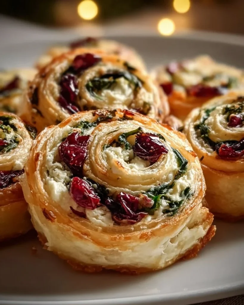 Festive Cranberry Feta Pinwheels appetizer on a platter