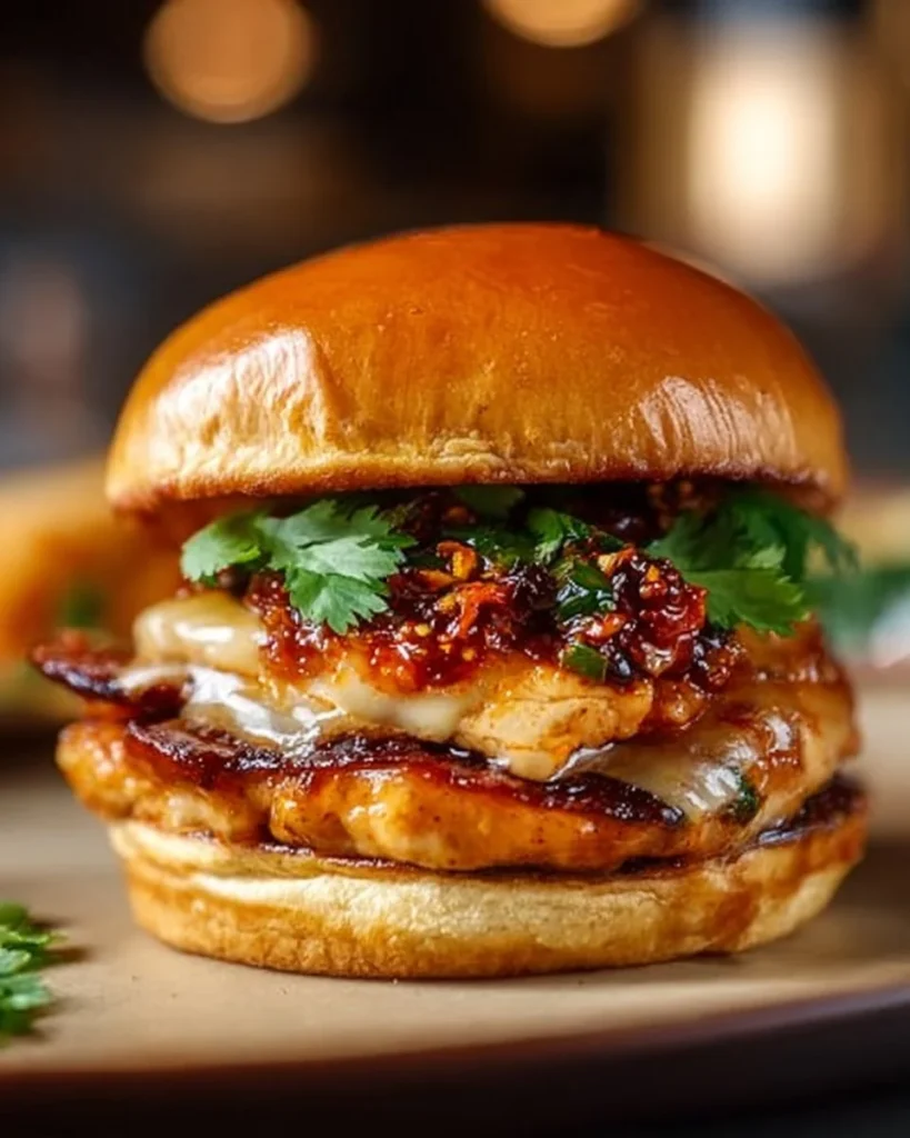 Gochujang chicken burgers served with fresh vegetables and a side of fries.