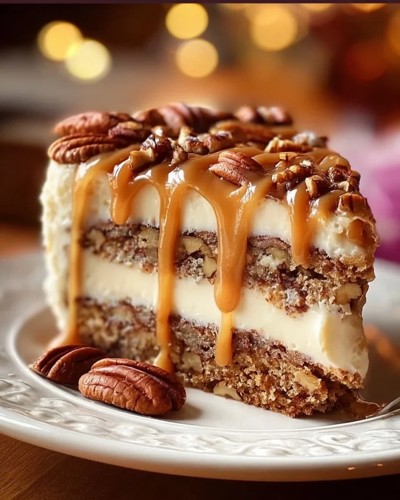 A deliciously rich Gooey Butter Pecan Cake topped with pecans and caramel.