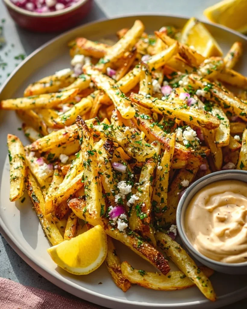 Delicious Greek Fries topped with herbs and spices, served with a side of tzatziki.