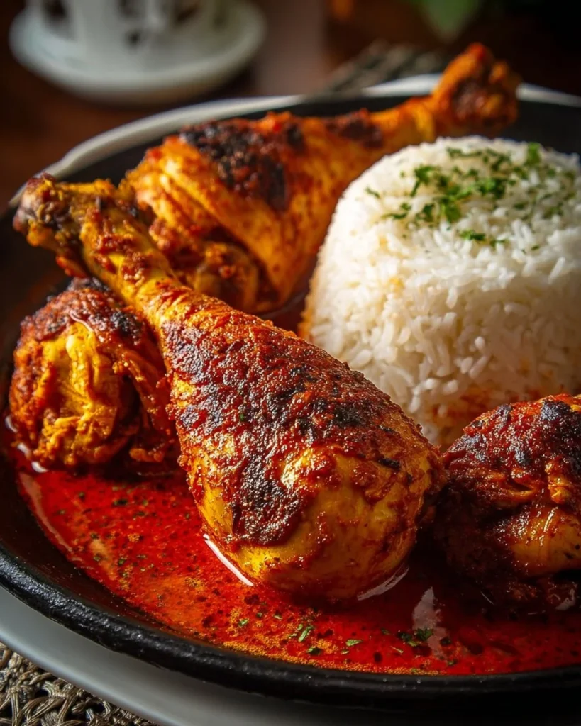 Bowl of authentic Nigerian chicken stew garnished with vegetables and spices