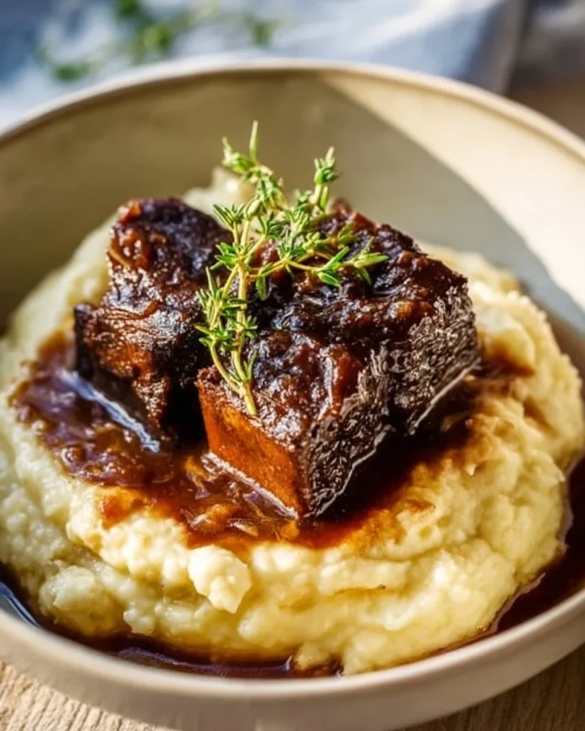 Deliciously cooked beef short ribs plated with garnish for a mouthwatering meal.