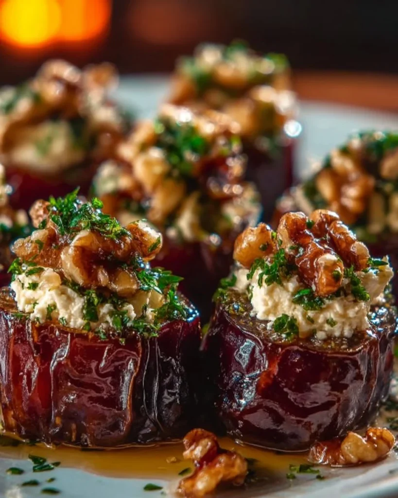 Plate of roasted stuffed dates filled with nuts and cheese, garnished with herbs.