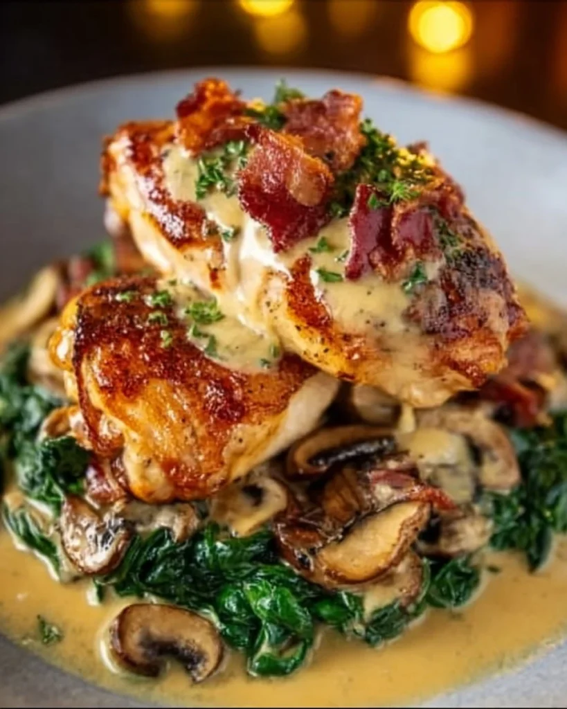 Smothered chicken with creamed spinach, bacon, and mushrooms on a plate.