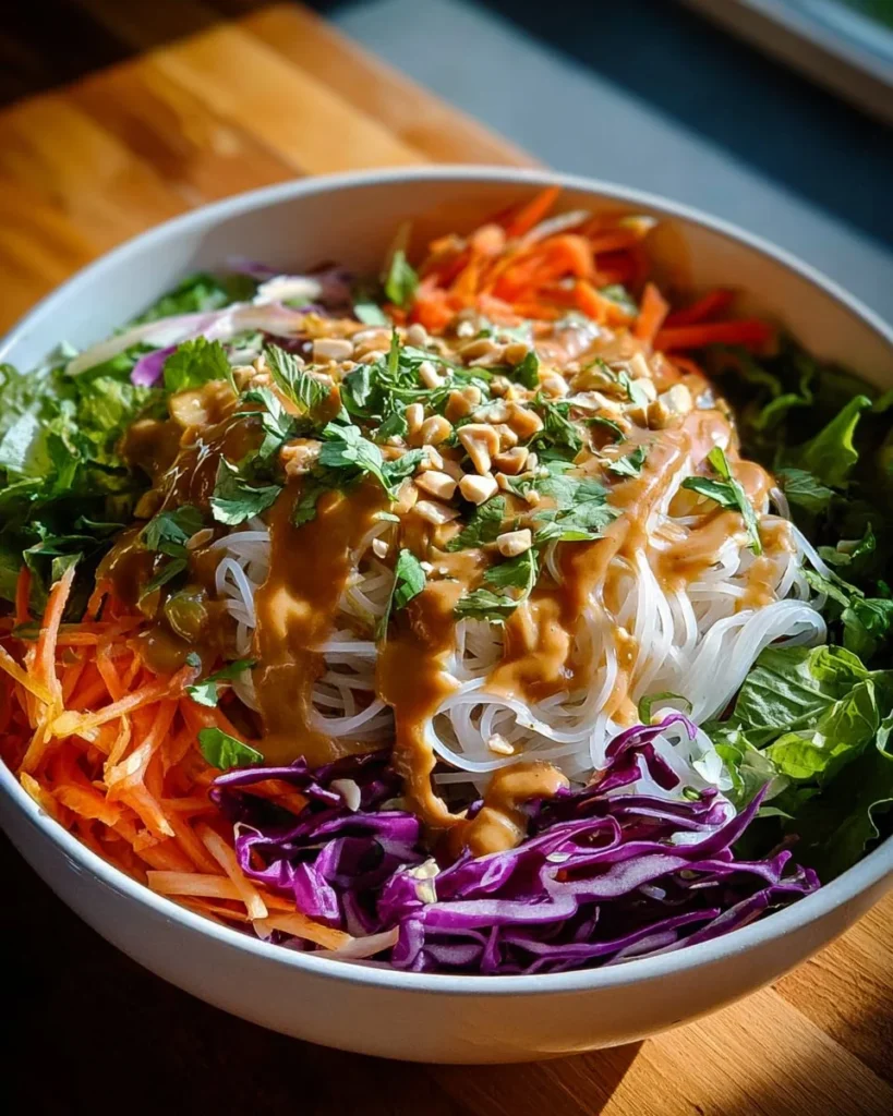 Delicious spring roll salad topped with creamy peanut dressing and fresh vegetables.