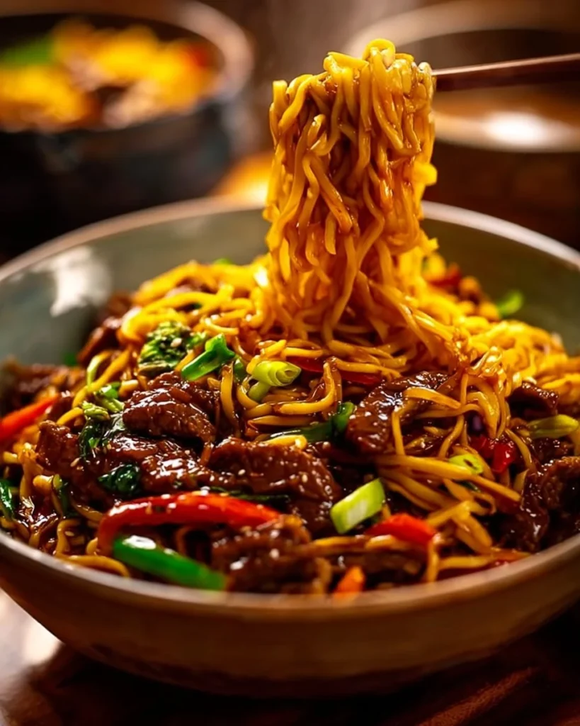 Bowl of sticky beef noodles topped with fresh herbs and sauce