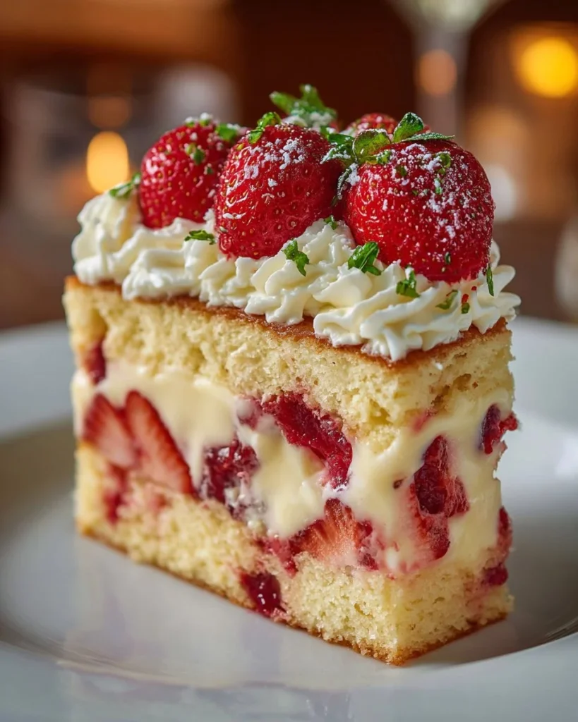 Delicious Strawberry Custard Cake served with fresh strawberries