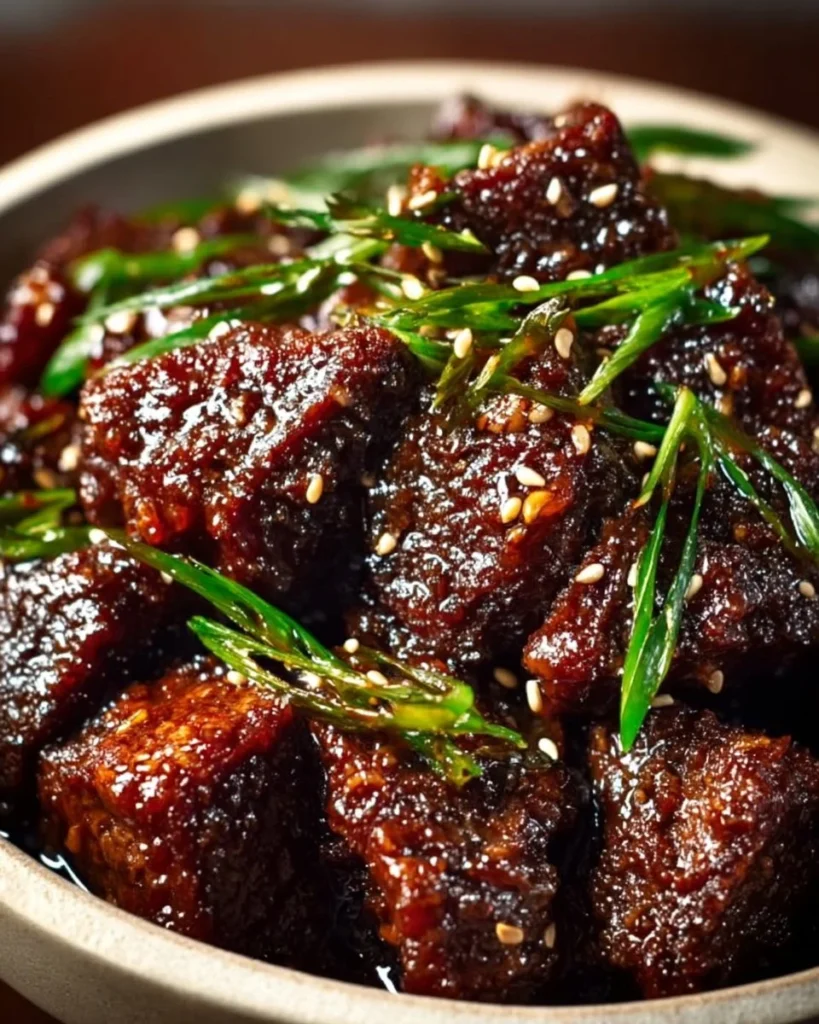Delicious sweet and sticky steak bites served on a plate