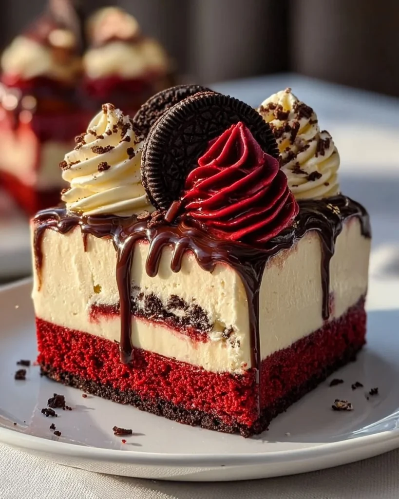 Delicious red velvet Oreo cheesecake slice on a dessert plate