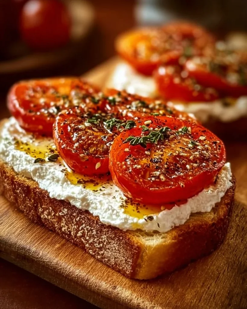 5-Ingredient ricotta and tomato sourdough toast on a wooden board