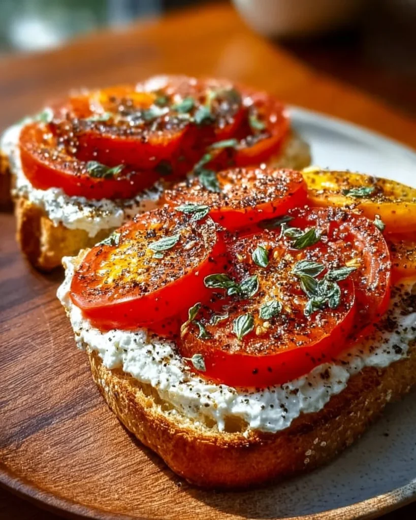 5-Ingredient Ricotta and Tomato Sourdough Toast topped with fresh herbs