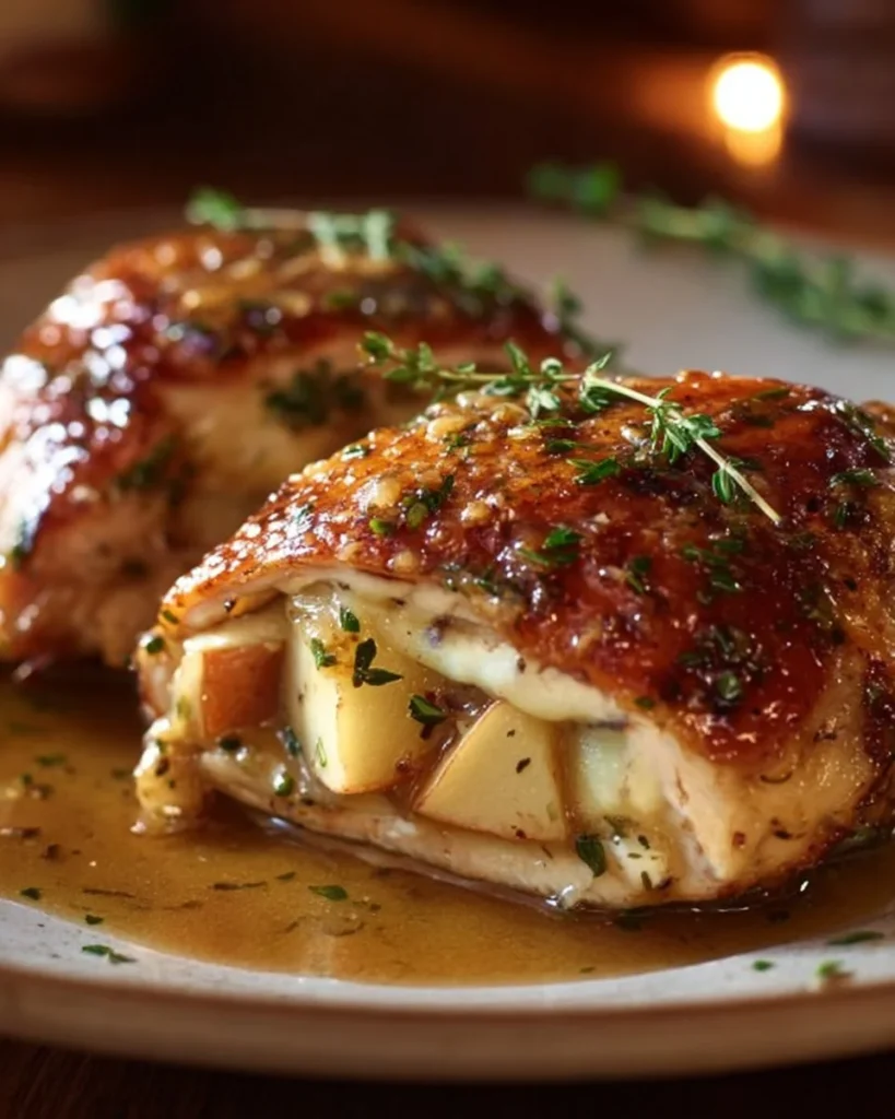 Juicy apple and brie stuffed chicken breast on a plate garnished with herbs.