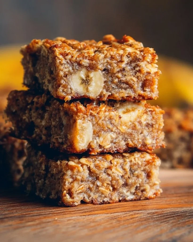 Delicious homemade banana oatmeal bars on a wooden plate
