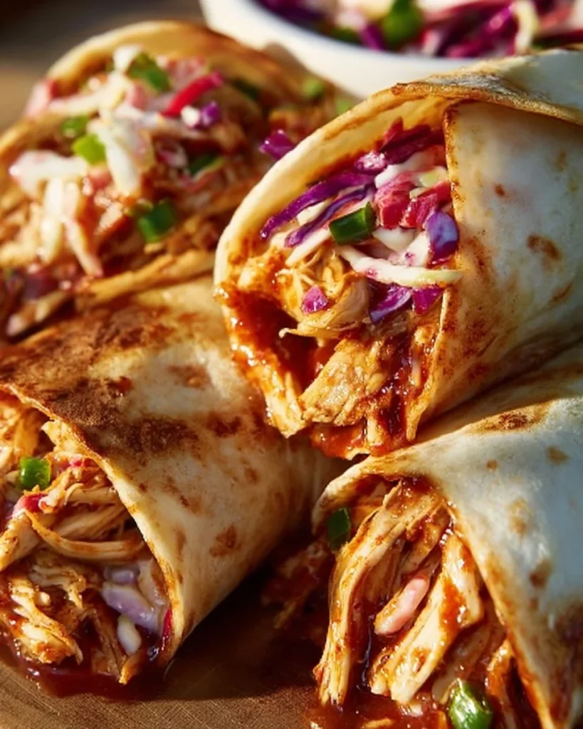Delicious BBQ chicken wraps served with fresh coleslaw
