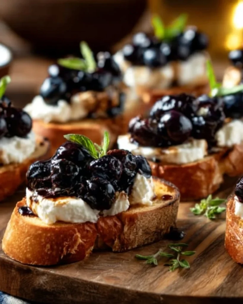 Blueberry goat cheese crostini topped with fresh blueberries and herbs