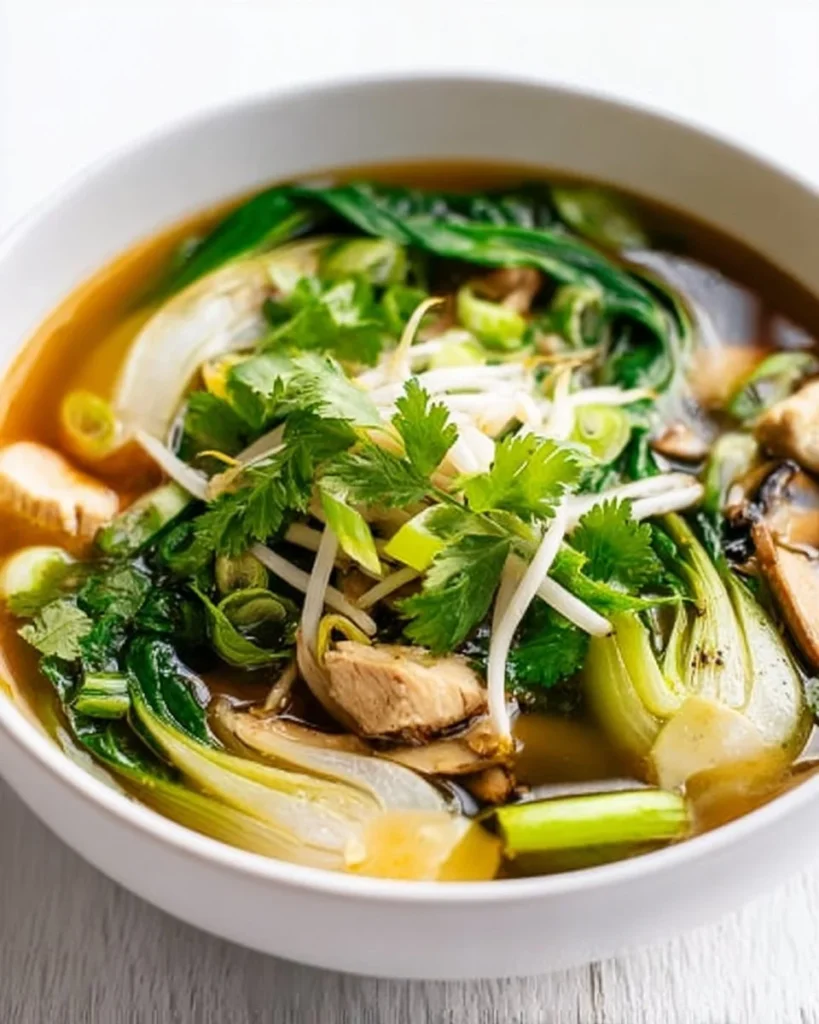 Bok Choy Chicken Soup in a bowl garnished with herbs