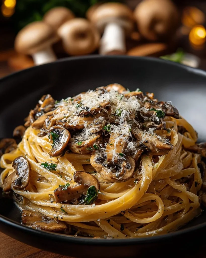 Caramelized Leek and Mushroom Pasta with Gruyere cheese served on a plate