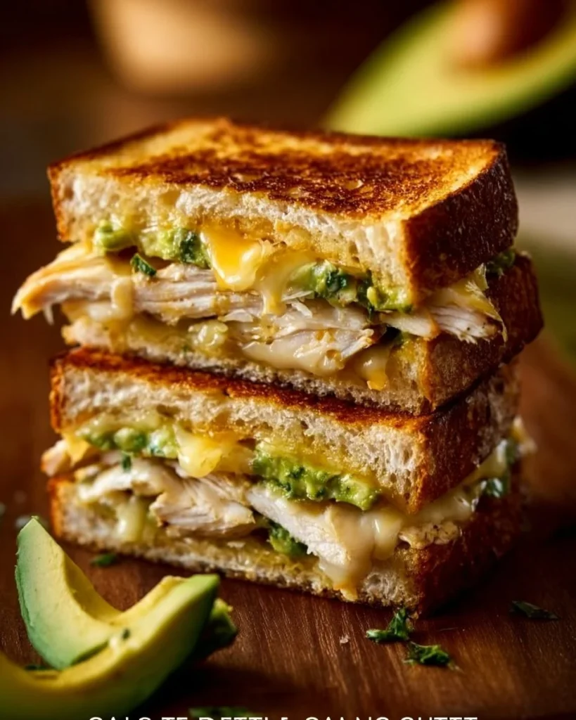 Delicious Chicken Avocado Melt Sandwich with chicken, avocado, and cheese