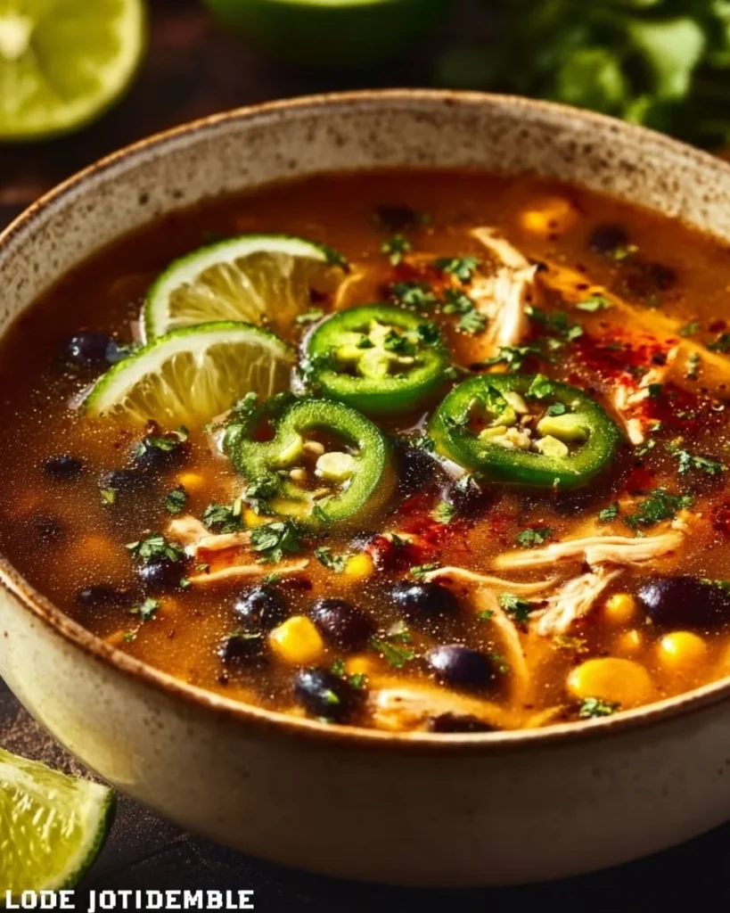 Bowl of Chicken Poblano Soup with black beans and fresh toppings