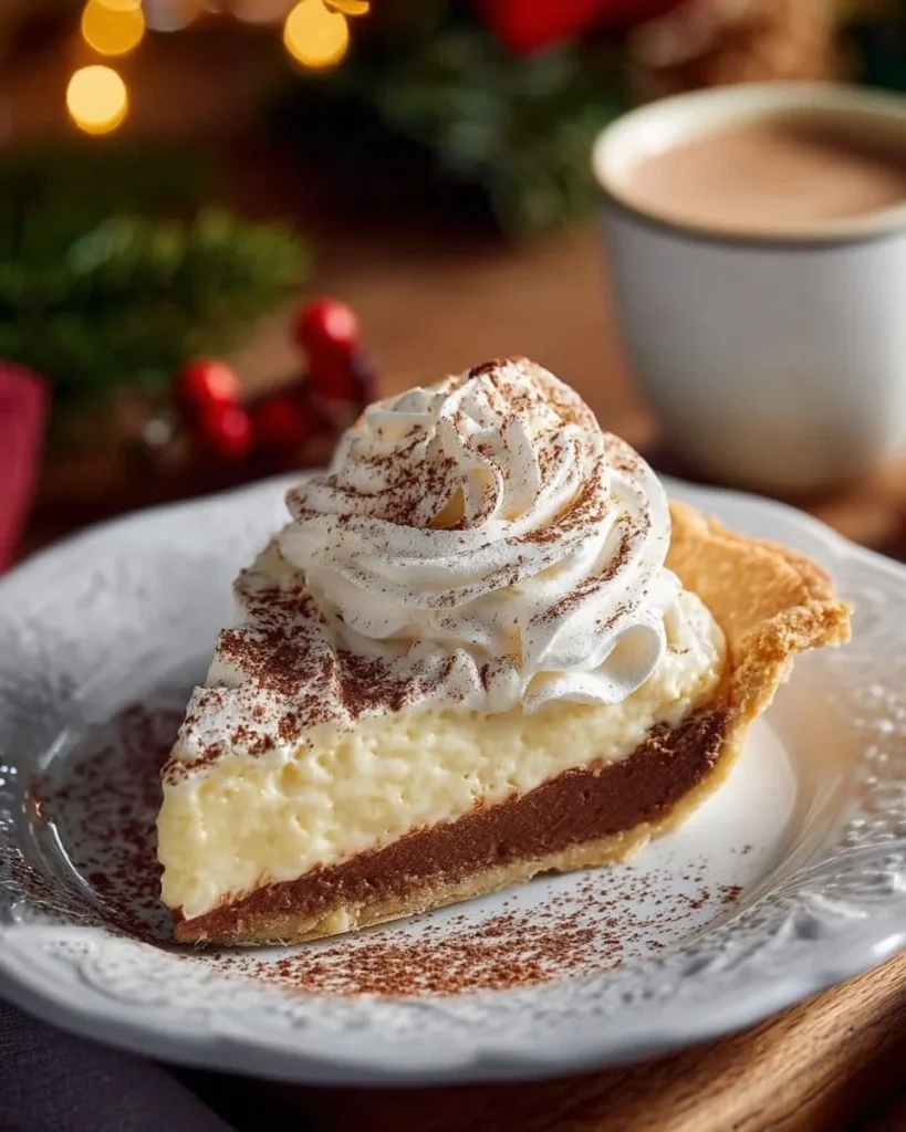 Sliced Christmas Eve Cinnamon-Vanilla Custard Pie on a festive table setting
