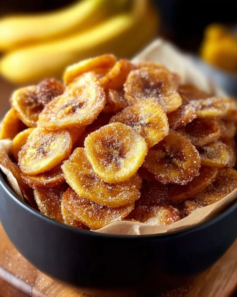 Cinnamon-sugar seasoned air fryer banana chips for a healthy sweet snack