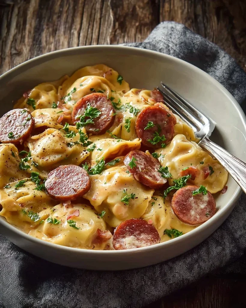 Classic Crockpot Pierogi Casserole with Kielbasa served in a dish