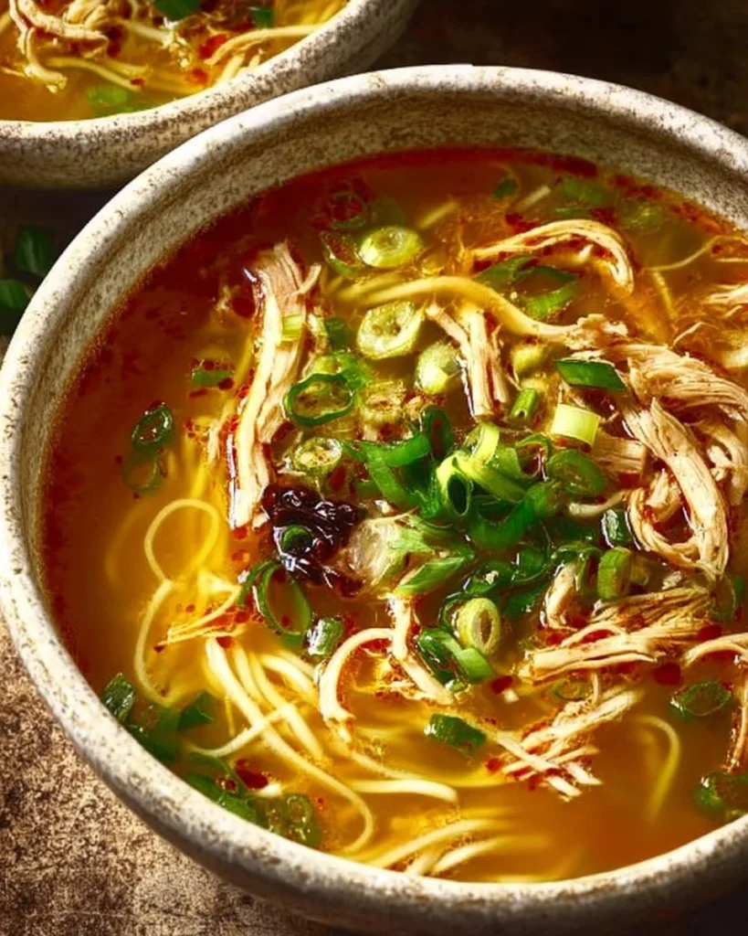 Bowl of Classic Ginger Garlic Chicken Noodle Soup garnished with herbs