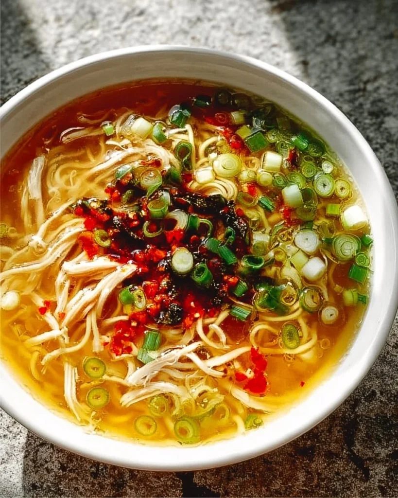 Bowl of Ginger Garlic Chicken Noodle Soup garnished with herbs