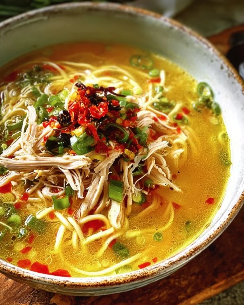 Bowl of classic ginger garlic chicken noodle soup garnished with green herbs