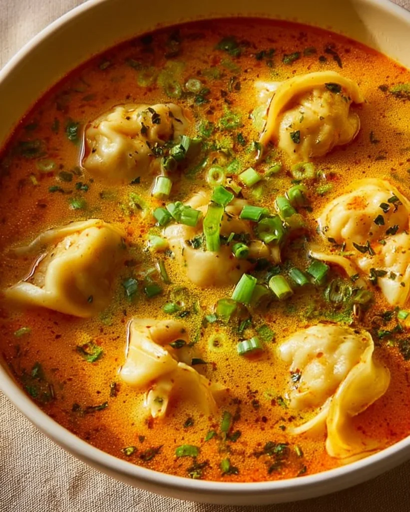 Bowl of coconut curry soup with dumplings, fresh herbs, and spices.