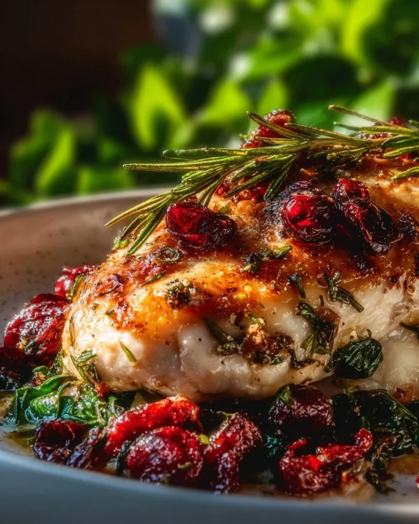 Cranberry and spinach stuffed chicken with brie on a plate